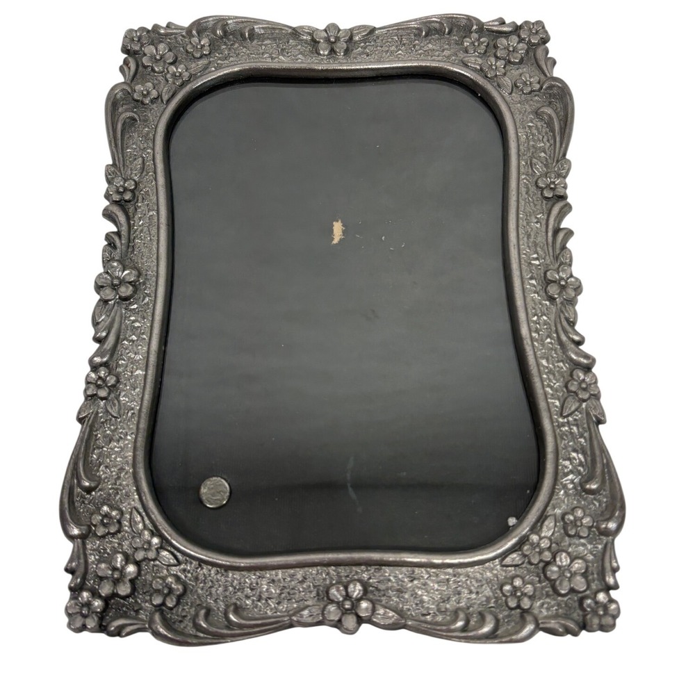 Vintage Ornate Floral Metal Picture Frame Pewter Tone Heavy Tabletop 5x7 Glass